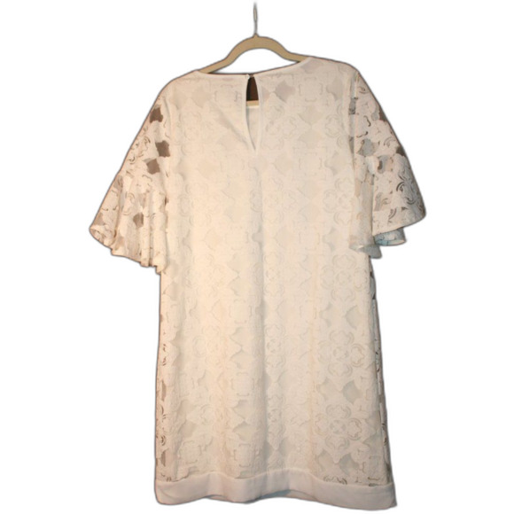 Kaari Blue white lace lined midi dress bell sleeve keyhole back size M - Picture 6 of 6